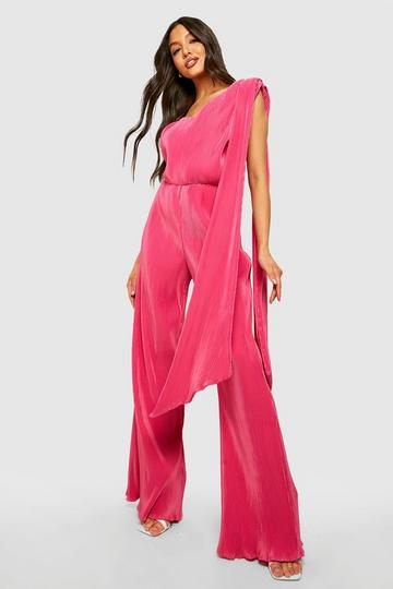 Pleated Drape Sleeve Wide Leg Jumpsuit hot pink