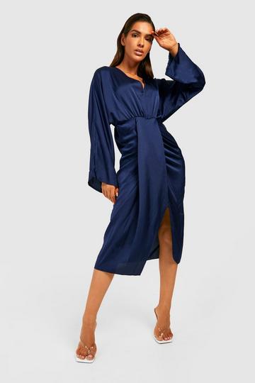 Navy Drape Front Satin Midi Dress
