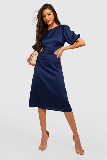 Navy Satin Puff Sleeve Midi Dress