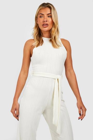 Crinkle Rib Belted Culotte Jumpsuit white
