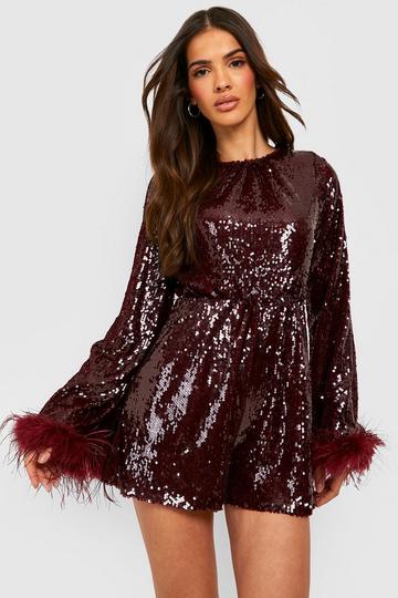 Sequin Feather Trim Playsuit berry