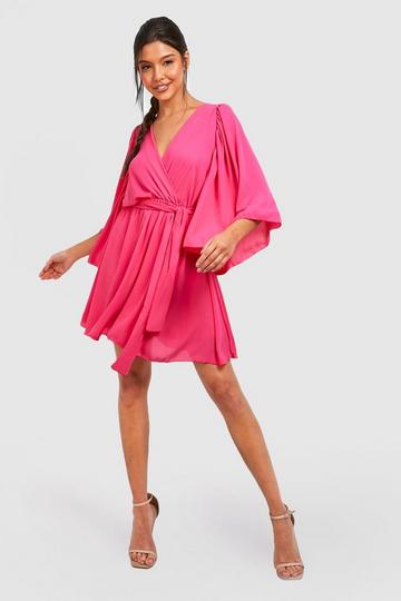 Chiffon Batwing Belted Dress hot pink