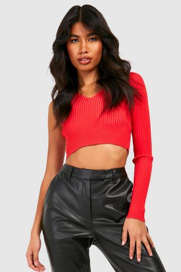 Two Tone One Shoulder Rib Knit Top red