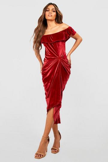 Drape Sleeve Velvet Ruched Dress red