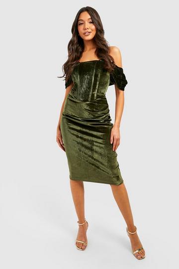 Green Off The Shoulder Velvet Corset Detail Dress