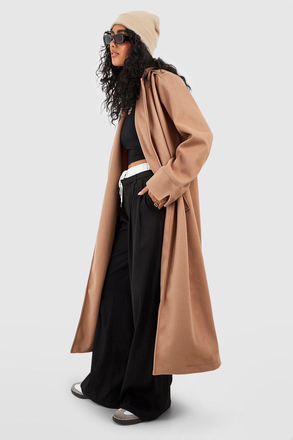 Belted Collarless Wool Look Coat | boohoo