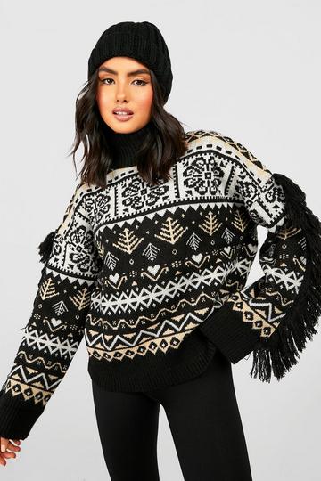 Fairisle Knitted Jumper With Fringing black