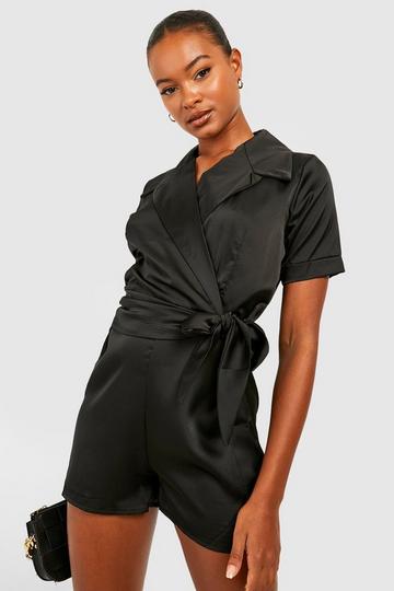 Black Long Sleeve Romper - Collared Romper - Black Skort Romper