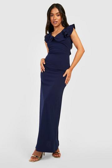 Navy Petite Ruffle Tie Back Fishtail Maxi Dress