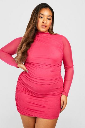 Plus Mesh Long Sleeve Ruched Dress hot pink