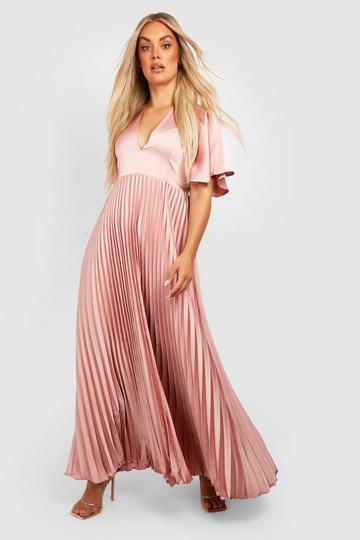 Blush Pink Plus Satin Pleated Plunge Occasion Maxi Dress