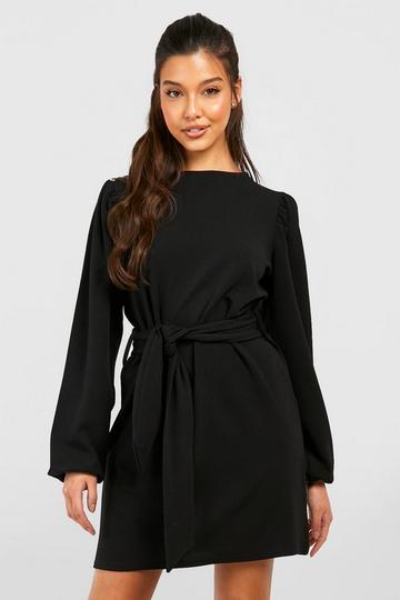 Black Volume Sleeve Tie Waist Tailored Mini Dress
