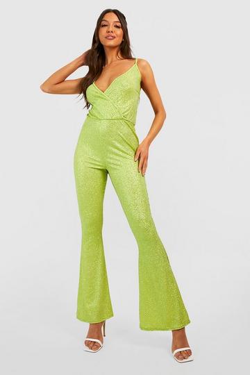 Green Shimmer Glitter Strappy Cowl Flare Jumpsuit