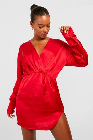 Tall Satin Plunge Wrap Mini Dress red