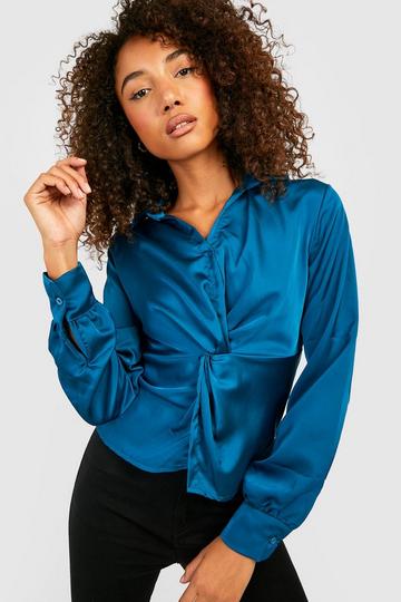 Tall Satin Twist Front Plunge Collar Top teal