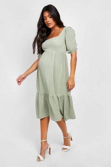Sage Green Maternity Crinkle Ruffle Hem Midi Dress