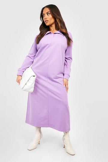 Mauve Purple Plus Shirt Collar Midi Sweat Dress