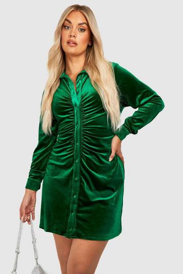 Plus Velvet Ruched Detail Shirt Dress emerald