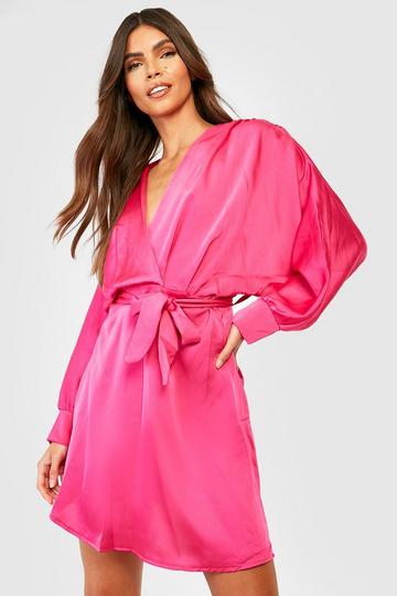 Fuchsia Pink Batwing Satin Wrap Mini Dress