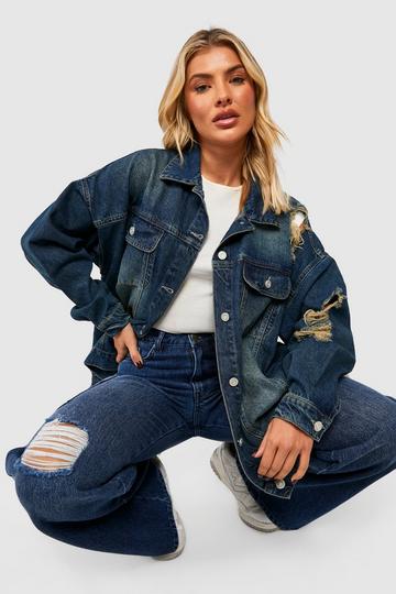 Blue Oversized Busted Boyfriend Denim Jacket