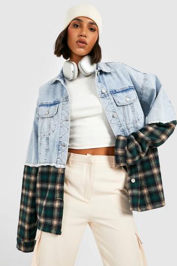 Blue Contrast Check Oversized Denim Jacket