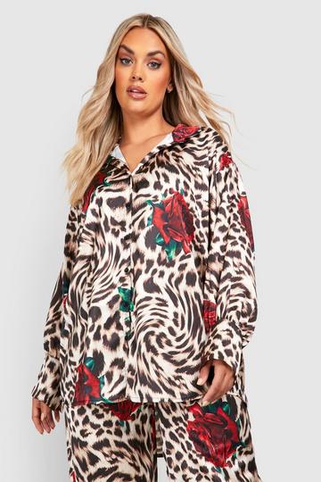 Plus Satin Leopard Print Oversized Shirt brown