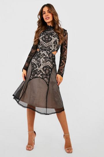 Panelled Lace High Neck Midi Dress black