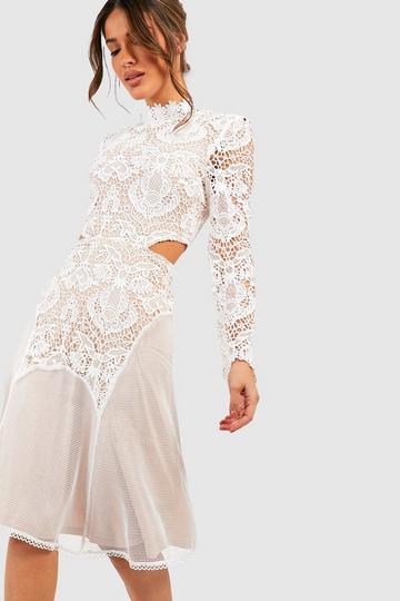 Panelled Lace High Neck Midi Dress white