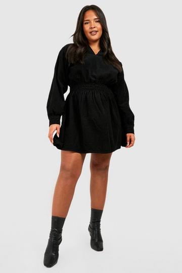 Plus Cord Elasticated Waist Skater Dress black