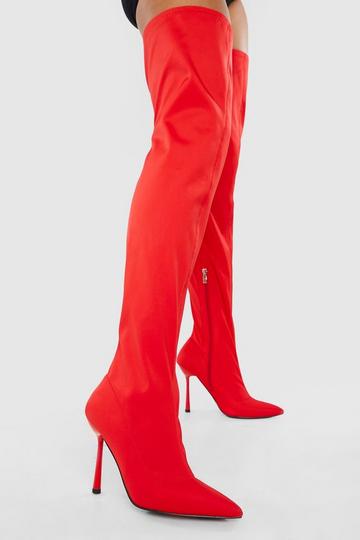 Red Stretch Neoprene Thigh High Stiletto Boots