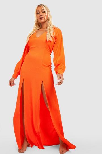Orange Crinkle Split Maxi Beach Shirt Dress