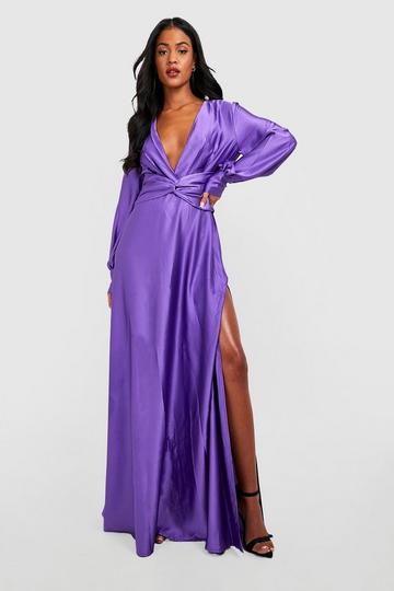 Tall Satin Plunge Balloon Sleeve Maxi Dress purple