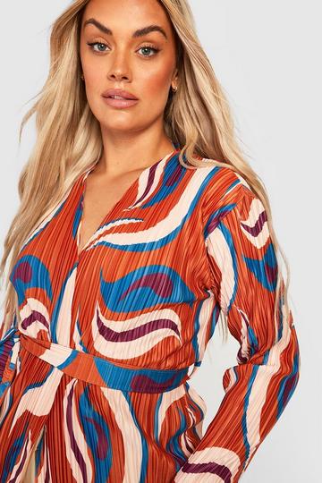 Burnt-orange Orange Plus Abstract Plisse Wrap Kimono Top