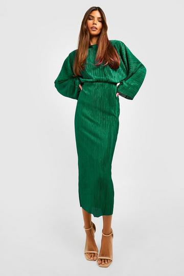 Plisse Batwing Midi Dress apple green