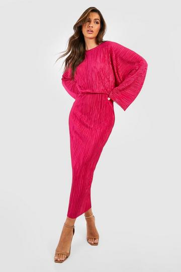Pink Plisse Batwing Midi Dress