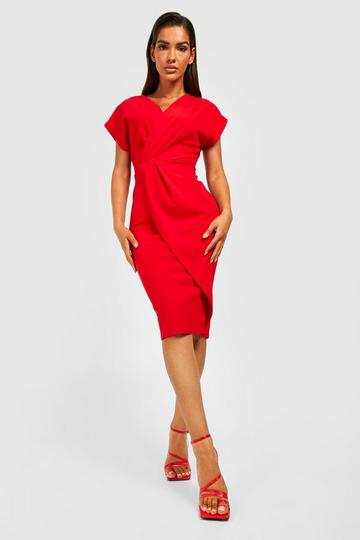 Red Wrap Front Midi Dress