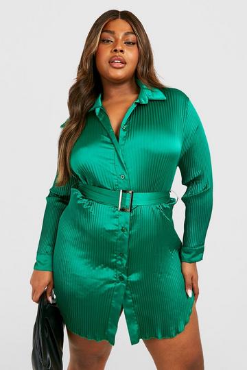 Green Plus Satin Plisse Belted Shirt Dress