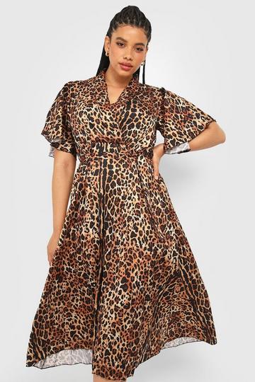 Plus Leopard Satin Pleated Midi Dress brown