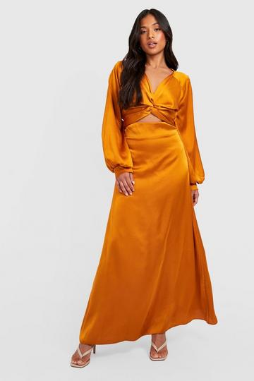 Gold Metallic Petite Twist Volume Sleeve Satin Maxi Dress