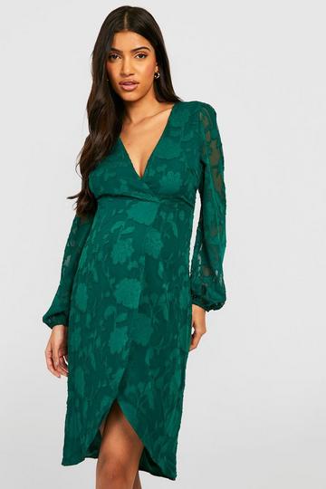 Green Maternity Burnout Floral Wrap Midi Dress