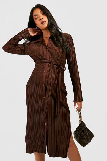 Maternity Plisse Belted Shirt Midi Dress chocolate