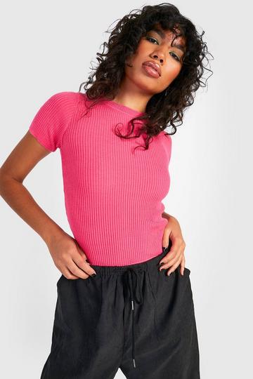Rib Knit Crew Neck Short Sleeve Knitted Top hot pink