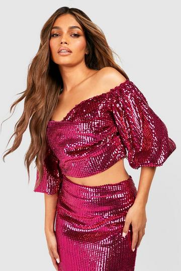 Bright Sequin Puff Sleeve Off The Shoulder Top hot pink