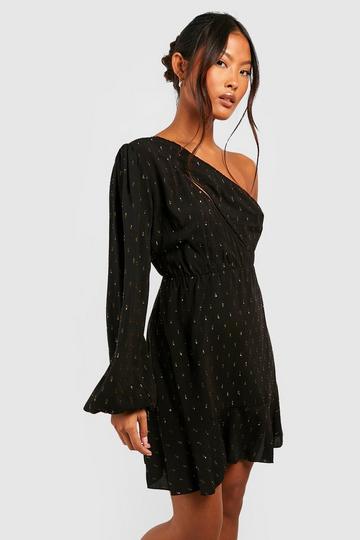 Petite Metallic Spot Asymmetric Mini Dress black
