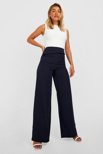 Navy Wide Leg Trousers | boohoo UK