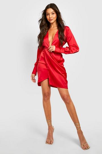 Satin Plunge Wrap Drape Dress red