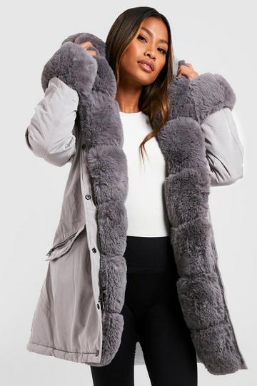 Luxe Faux Fur Trim Collar And Cuff Parka grey