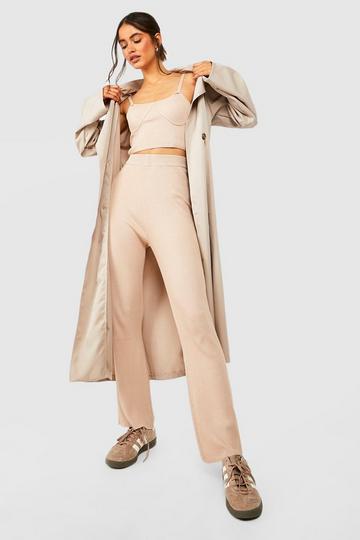 Beige Seam Detail Bralet And Wide Leg Knitted Set