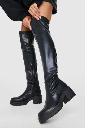 Wide Fit Cleated Over The Knee Pu Boots black