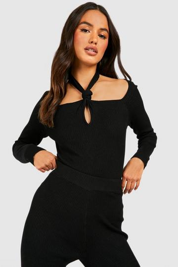 Knot Front Rib Knitted Bodysuit black